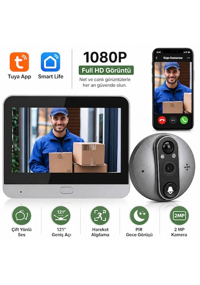 Wifi Akıllı Kapı Kamerası 4.3" Ekran 1080p Hd Görüntülü Kapı Dürbünü Pır Sensörlü