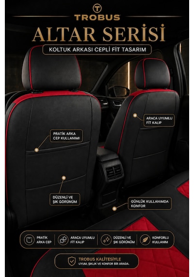 Dacia Jogger 2022+ Uyumlu Altar Serisi Tay Tüyü Oto Koltuk Kılıfı Kırmızı Siyah