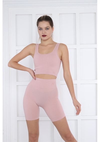 Escetic Kadın Spor Pembe Toparlayıcı, Yüksek Bel Fitnes Bra Şort-tayt Takım-4312 - Xs