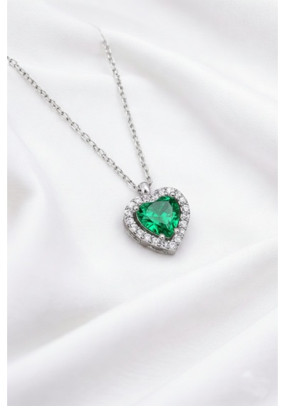 Çekirdekjewelry 925 Ayar Gümüş Zirkon Taşlı Kalplı Kolye Gri Yeşil