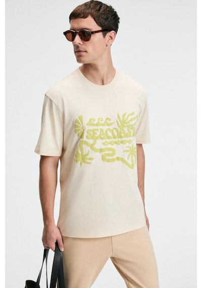 Grımelange SWEET Erkek %100 Pamuk Oversize Fit Baskılı Kısa Kollu Yuvarlak Yakalı Vanilya T-Shirt