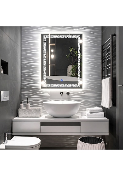 Gleamira Vertical Beyaz Led'li Lazer Kumlamalı Lavabo & Banyo Aynası Dokunmatik Sensörlü 100 X 75 Cm