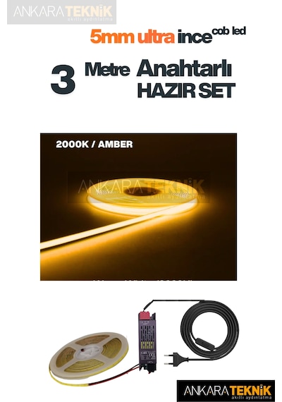 Ankara Teknik 5mm Ultra Ince Cob Şerit Led - Amber 12volt Tak Çalıştır Anahtarlı Set Metre Seçiniz 3 Metre