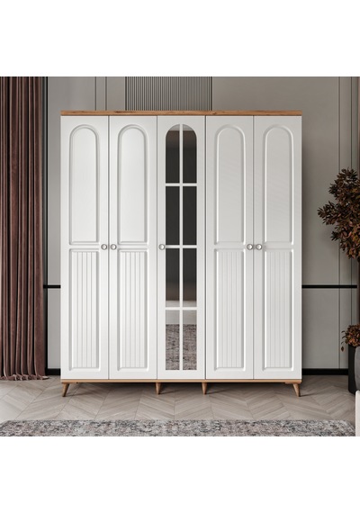 Komple Mdf Bohem 5 Kapaklı Aynalı Gardırop - Elbise Dolabı