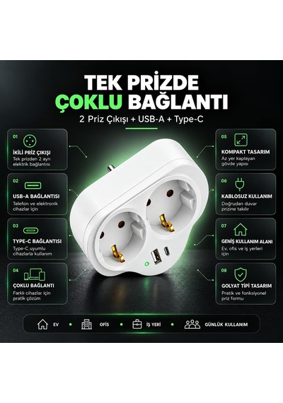 Golyat 2'li Priz, Usb Ve Type-c Girişli, Topraklı, İkili Priz Çoklayıcı, 16a 250v, 2p+2e, Çift Çıkışlı, Elek