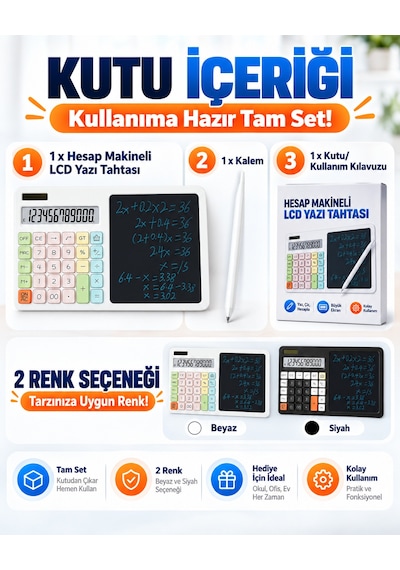 12 Haneli Güneş Enerjili Hesap Makinesi Lcd Yazı Tabletli Kalemli Pastel Renkli Masaüstü Hesap Makinesi Not Tableti Beyaz