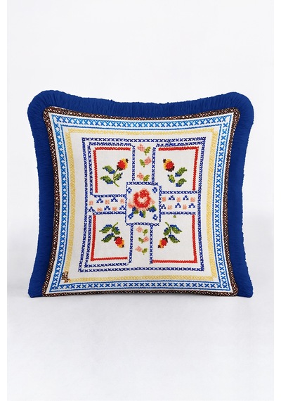 Çiçekli Etnik Motifli Saçaklı Yastık Kılıfı - Otantik Boho Mavi Lacivert Püsküllü Kırlent Kılıfı Sakin Düş Opal