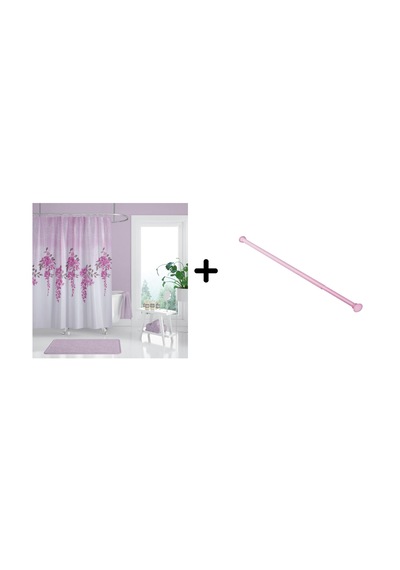 Zethome Banyo Duş Perdesi 7359 180x200 Perde Borusu Askı Aparatı Pembe 160x260 Hediyeli Pembe