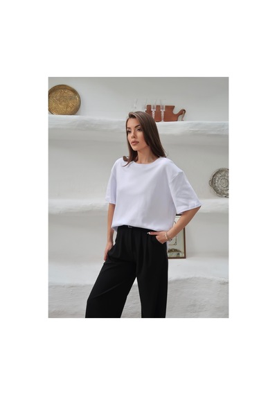 Paw Garage Kadın Mia İnterlok Kumaş Bisiklet Yaka Oversize T-shirt Beyaz
