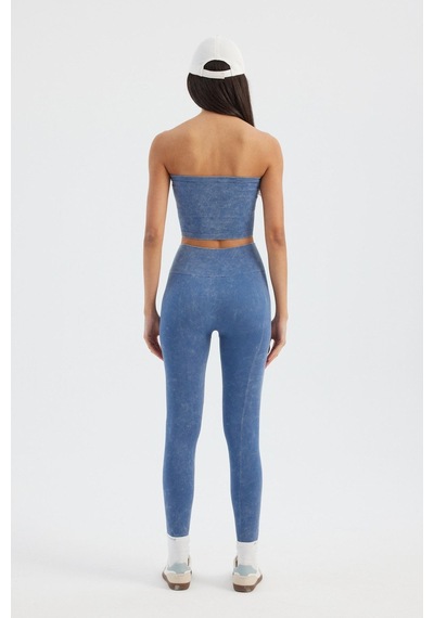 Hiccup Asit Yıkanmış Straplez Nervürlü Crop Top Peygamber Çiçeği Mavisi