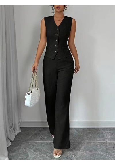 Defymoda Kadın Askılı Önden Düğmeli Bluz Ve Pantolon Keten Ikili Takım Siyah Defymoda Kadın Askılı Önden Düğmeli Bluz Ve Pantolon Keten Ikili Takım Siyah