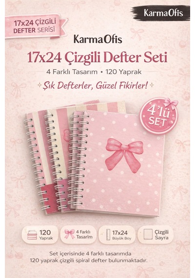 4'lü Spiralli Çizgili Defter Seti 17x24 120 Yp Kurdele, Kiraz Ve Puantiyeli Tasarım