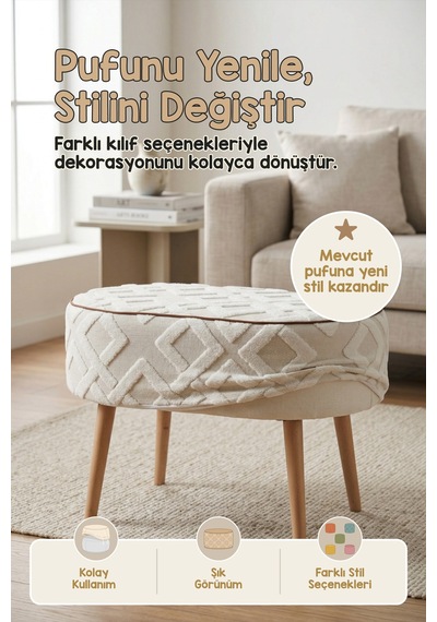 Yıkanabilir Puf Tabure Kılıfı Tak-Çıkar-Değiştir-Yenile Orta Sehpa Kılıfı 59x37x17 Mila Ekru
