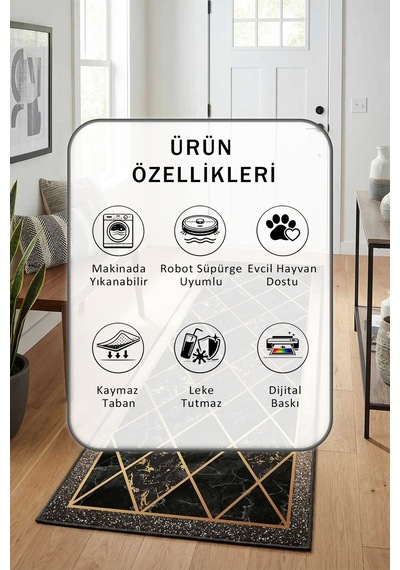 Ehl-62 Dijital Baskılı Kaymaz Yıkanabilir Yolluk Siyah