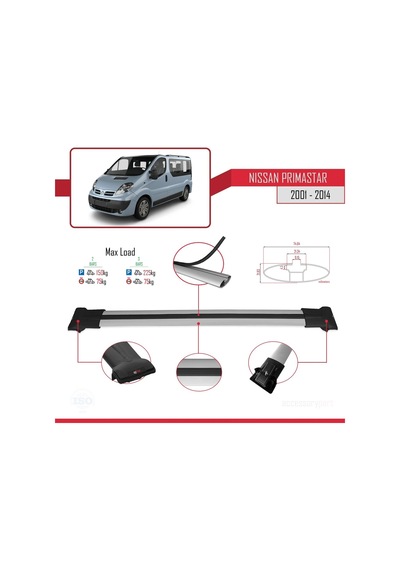 Nissan Primastar 2001-2014 Arası İle Uyumlu Fly Model Ara Atkı Tavan Barı Gri