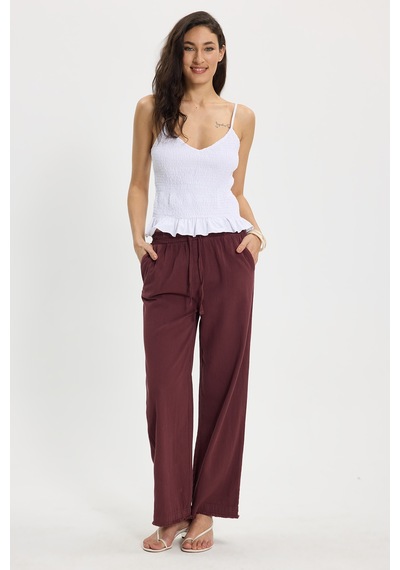 Tudors Kadın Relax Fit Rahat Kesim %100 Pamuk Beli Bağcıklı Lastikli Çift Cepli Mürdüm Pantolon-50602