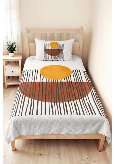 Geometrik Boho Hardal Genç Odası Tek Kişilik Pike Takımı - Kiremit Siyah 160x220 Cm Yatak Örtüsü Keten Bozkır Gölgesi