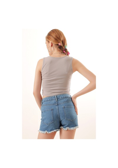Bigdart 0435 Fitilli Crop Bluz - Gri 001