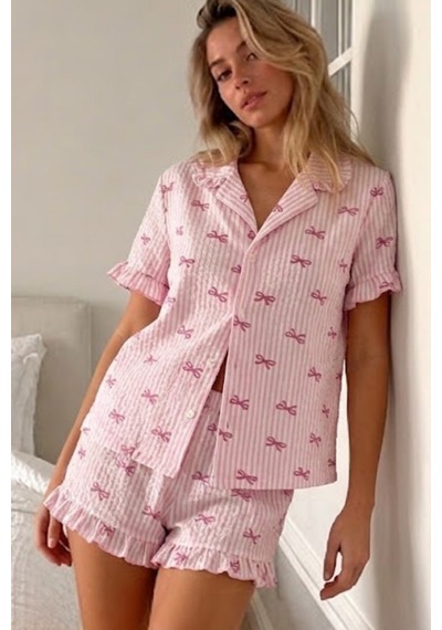 Kadın Viskon Kısa Kol Regular Pembe Pijama Takımı
