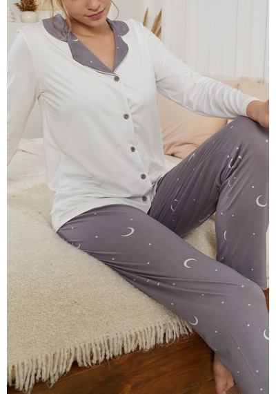 Siyah İnci Gömlek Yaka Düğmeli Milan Örme Pijama Takım25224008 Ekru