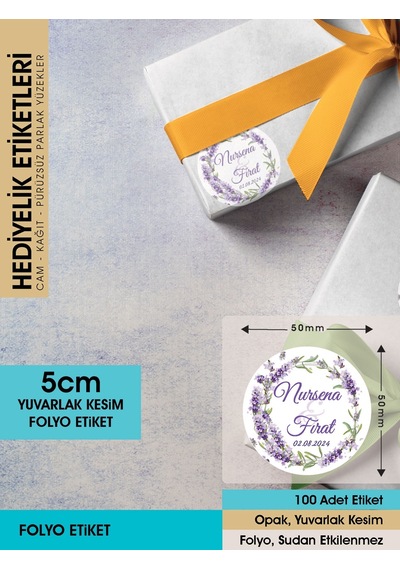 Sulu Boya Lavanta Çiçeği Modeli Düğün, Hediyelik Etiketi 5cm - 100 Adet Folyo Sticker Renkli