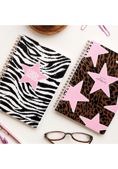 A5 Spiralli Karton Kapak 2 Li Set Noktalı Okul Defteri 80 Yaprak, Ders Programlı Leopar Zebra Yıldız Kahverengi