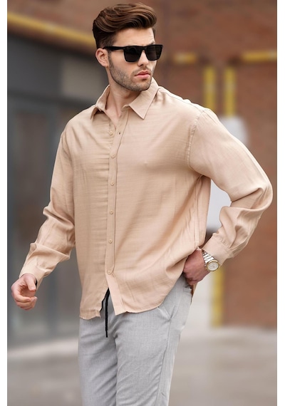 Madmext Bej Uzun Kollu Oversize Erkek Gömlek 6733 Bej
