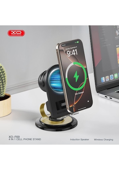 F69 4'ü 1 Arada Masaüstü Cep Telefonu Standı - Bluetooth Hoparlör Ve Kablosuz Şarj Bir Arada