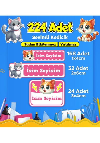 Sevimli Kedi Temalı Okul Kreş Kişiye Özel İsim Etiket Seti - Model 363 Çok Renkli
