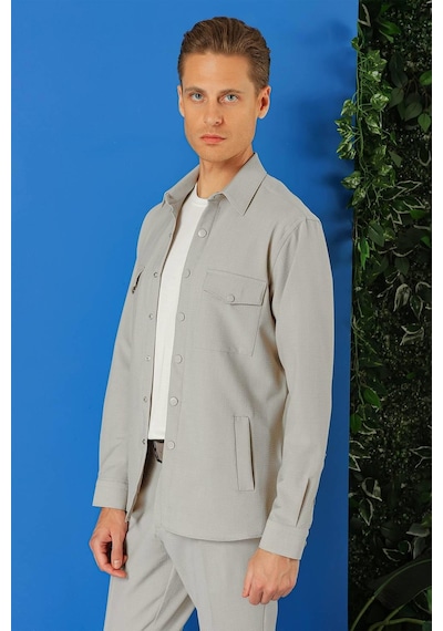Efor Comfort Fit Yan Cep Çıtçıtlı Esnek Pamuk Taş Gömlek Ceket G 1565 Taş