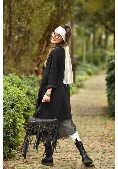 Bohem Stil Italyan Ipek Detaylı Oversize Kaftan & Bluz-8711 Siyah
