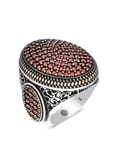 Gümüş Kırmızı Zirkon Taşlı Oval Erkek Yüzük (551185710)