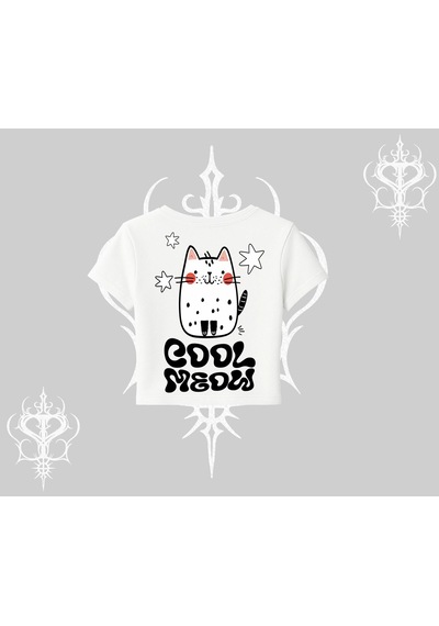 Startmore Startmore Cool Meow Yazılı Sevimli Kedi Arka Baskılı Babby Tee Tshirt Beyaz