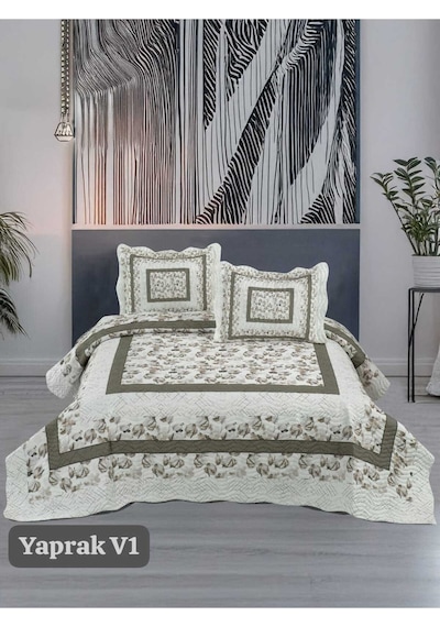 Çift Kişilik Kapitone Yatak Örtüsü, Klasik Desenli Model - Yaprak Kahve 250 X 260cm Çok Renkli