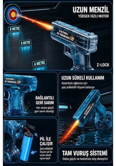 Exenar - Gri - Ateş Efektli Elektrikli Otomatik Oyuncak Su Tabancası Işıklı Şarjlı Su Tabancası Uzun Menzilli 1