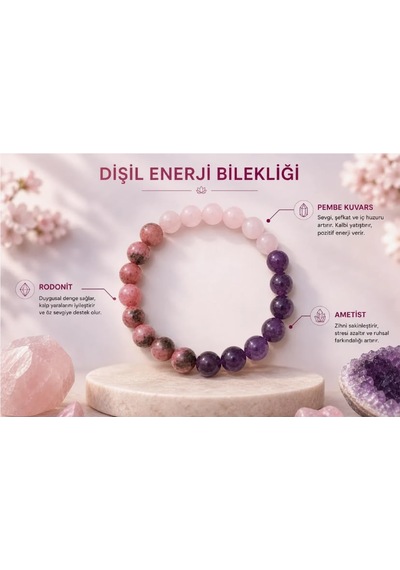 Dişil Enerji Bilekliği Ametist, Pembe Kuvars Ve Rodonit Doğal Taş Bileklik Çok renkli