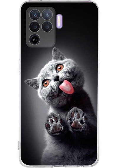 Oppo A94 İle Uyumlu 1mm Slim Fit Kedi 2 050c Baskılı Şeffaf Kılıf Şeffaf