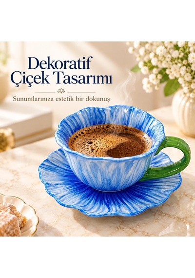 Tr Gelincik Serisi Çiçek Tasarımlı Fincan Ve Tabak Seti 350 Ml Dekoratif Kahve Çay Fincanı Mavi Diğer