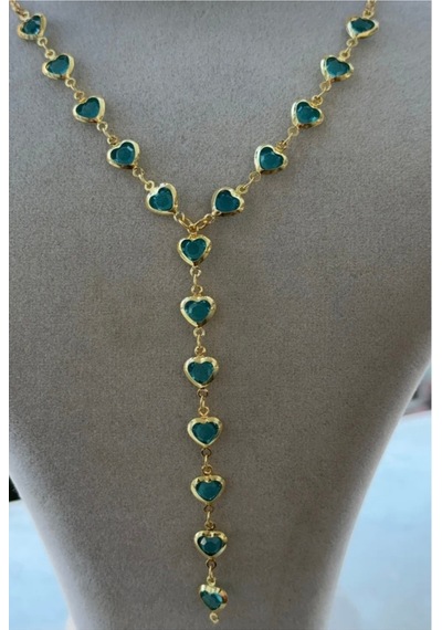 Kadın Gold Renk Zirkon Taşlı Özel Tasarım Y Model Kolye Mavi