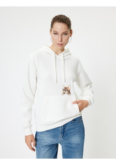 Koton Oversize Kapüşonlu Sweatshirt Cep Detaylı Kedi Nakışlı Ekru 5wal10021ık Ekru
