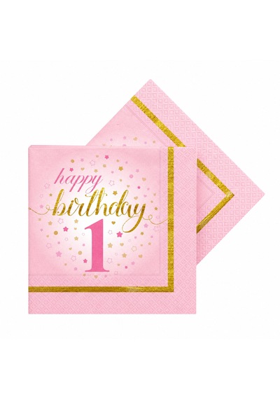 1 Yaş Doğum Günü Pembe Peçete Happy Birthday 1 Yazılı Gold Detaylı Parti Peçetesi 20 Adet