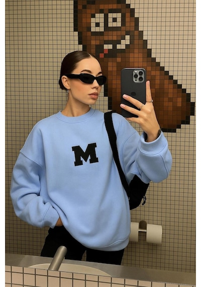 Benroma 3 İplik Penye M Baskılı Unisex Sweatshırt Bebe Mavisi