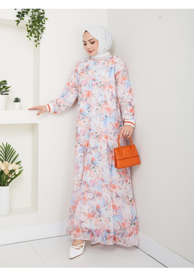Harmatime Kadın Desenli Şifon Elbise Pembe