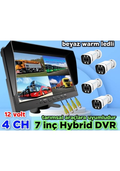 Tarımsal Araçlara 4 Adet Ahd 2 Mp Warm Ledli Kamera 7 İnç Qled Ips 256 Gb Dvr Monitör 12 Volt