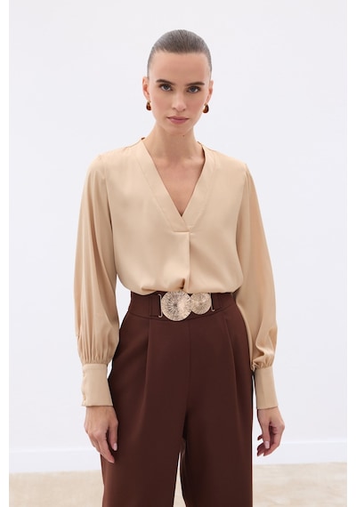 Sateen V Yaka Saten Bluz - Camel-130513 CAMEL