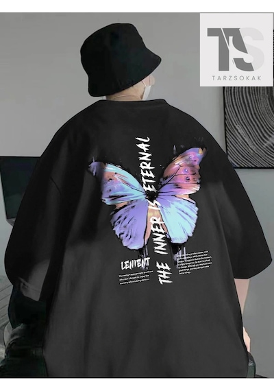 Startmore Erkek Kelebek Ve Slogan Grafikli Tişört Siyah