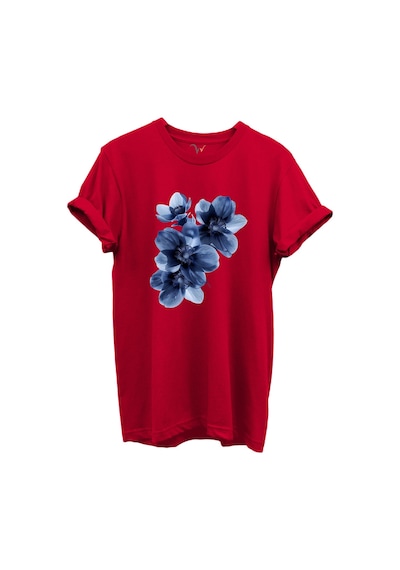 Mavi Çiçek Desenli Kadın %100 Pamuk Regular Fit Bisiklet Yaka T-shirt Kırmızı