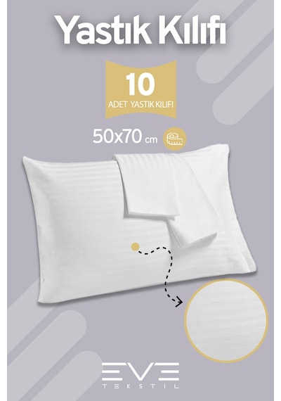 Eve Tekstil 10 Adet Çizgili Pamuk Saten Antibakteriyel Fermuarlı Yıkanabilir Otel Lüks Yastık Kılıfı 50x70cm Beyaz