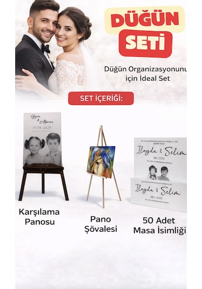 Düğün Seti - Çocukluk Karşılama Panosu - Masa İsimliği - Şövale 3'lü Paket Beyaz