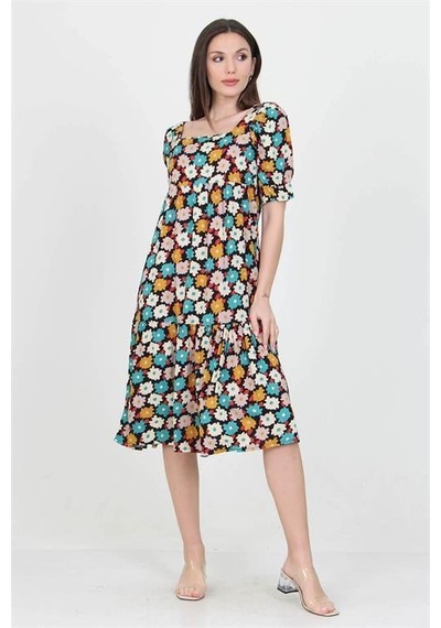 Dip Moda Kadın Kare Yaka Çiçek Desenli Viskon Elbise Dpnb10026 Turkuaz